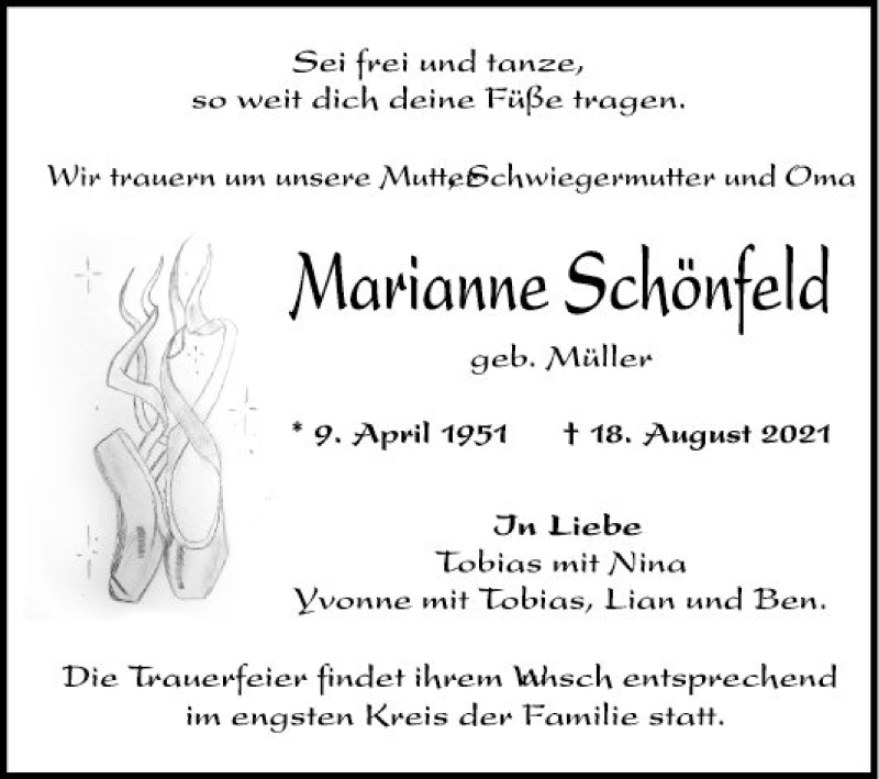  Traueranzeige für Marianne Schönfeld vom 28.08.2021 aus Mannheimer Morgen