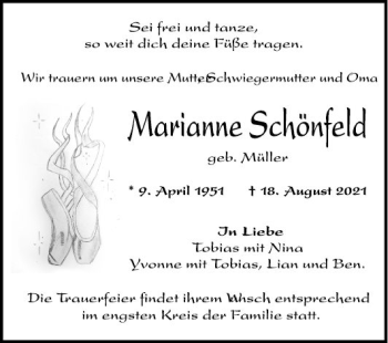 Traueranzeige von Marianne Schönfeld von Mannheimer Morgen