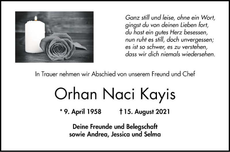  Traueranzeige für Orhan Naci Kayis vom 21.08.2021 aus Bergsträßer Anzeiger