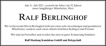 Traueranzeige von Ralf Berlinghof von Schwetzinger Zeitung