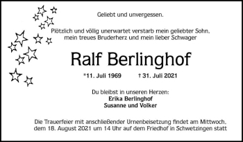 Traueranzeige von Ralf Berlinghof von Schwetzinger Zeitung