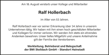 Traueranzeige von Ralf Hollerbach von Fränkische Nachrichten