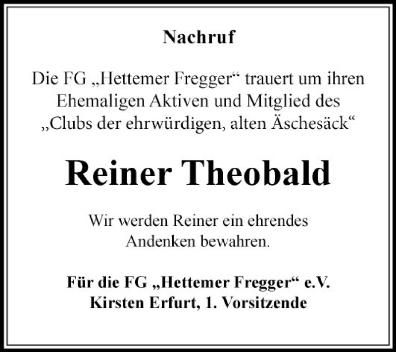  Traueranzeige für Reiner Theobald vom 03.08.2021 aus Fränkische Nachrichten