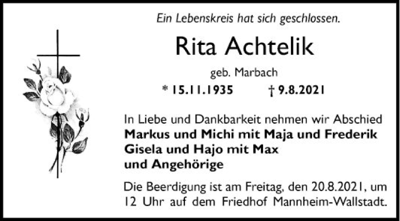  Traueranzeige für Rita Achtelik vom 14.08.2021 aus Mannheimer Morgen