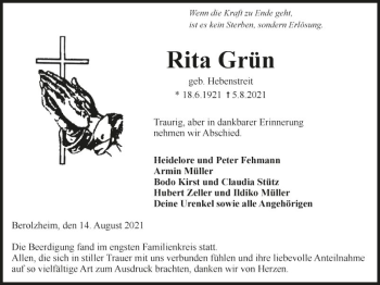 Traueranzeige von Rita Grün von Fränkische Nachrichten