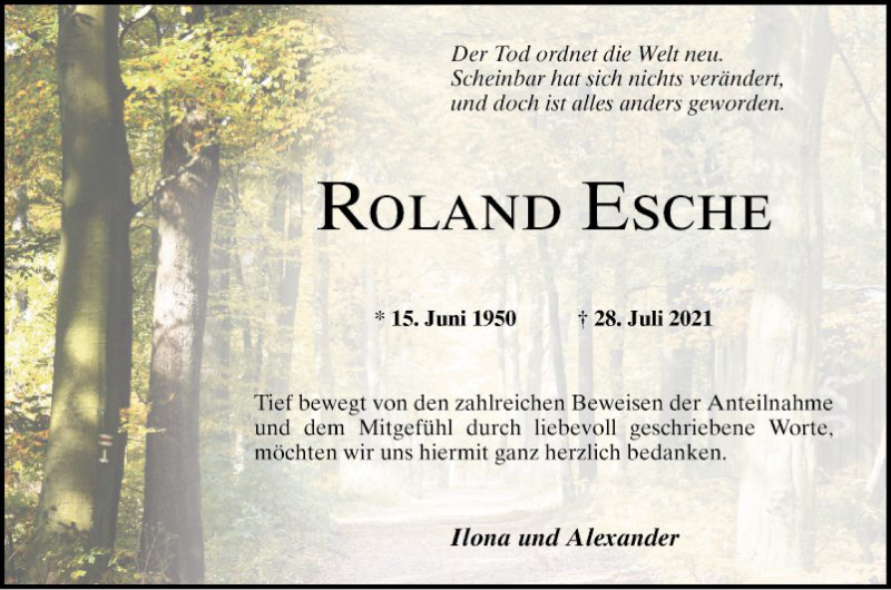  Traueranzeige für Roland Esche vom 28.08.2021 aus Mannheimer Morgen