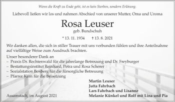 Traueranzeige von Rosa Leuser von Fränkische Nachrichten