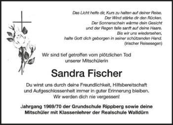 Traueranzeige von Sandra Fischer von Fränkische Nachrichten