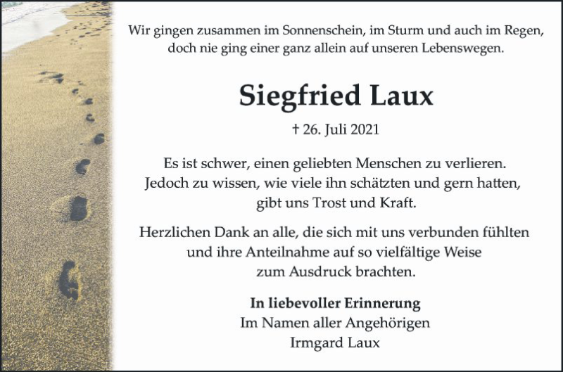  Traueranzeige für Siegfried Laux vom 21.08.2021 aus Mannheimer Morgen