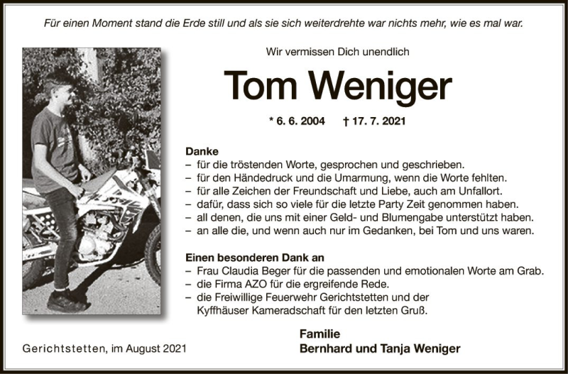  Traueranzeige für Tom Weniger vom 07.08.2021 aus Fränkische Nachrichten