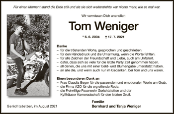 Traueranzeige von Tom Weniger von Fränkische Nachrichten