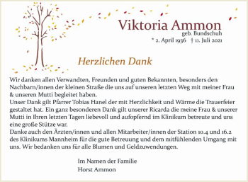 Traueranzeige von Viktoria Ammon von Mannheimer Morgen