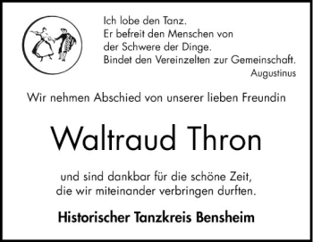 Traueranzeige von Waltraud Thron von Bergsträßer Anzeiger