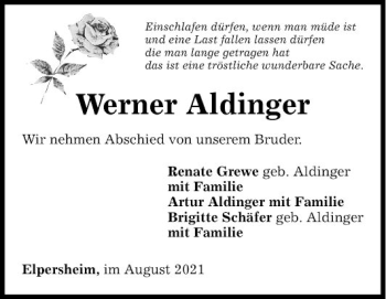 Traueranzeige von Werner Aldinger von Fränkische Nachrichten