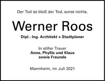 Traueranzeige von Werner Roos von Mannheimer Morgen