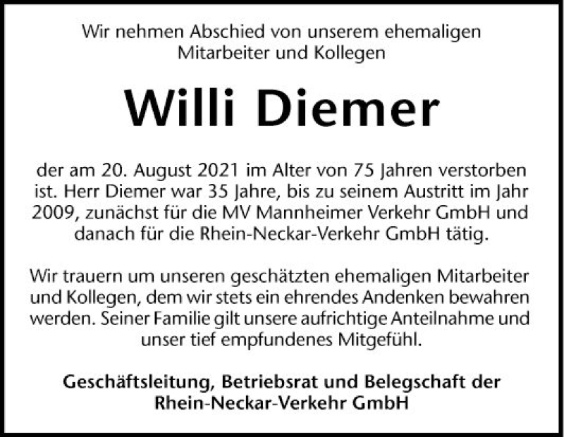  Traueranzeige für Willi Diemer vom 01.09.2021 aus Mannheimer Morgen