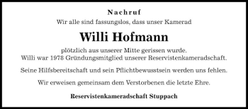 Traueranzeige von Willi Hofmann von Fränkische Nachrichten