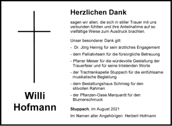 Traueranzeige von Willi Hofmann von Fränkische Nachrichten