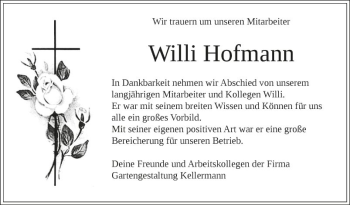 Traueranzeige von Willi Hofmann von Fränkische Nachrichten