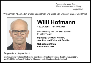 Traueranzeige von Willi Hofmann von Fränkische Nachrichten