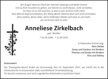 Traueranzeige von Anneliese Zirkelbach von Fränkische Nachrichten