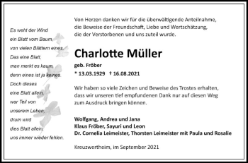 Traueranzeige von Charlotte Müller von Fränkische Nachrichten