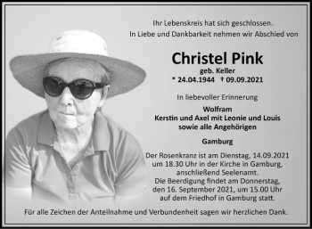 Traueranzeige von Christel Pink von Fränkische Nachrichten