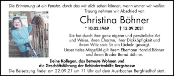 Traueranzeige von Christina Böhner von Bergsträßer Anzeiger