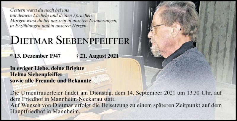  Traueranzeige für Dietmar Siebenpfeiffer vom 04.09.2021 aus Mannheimer Morgen