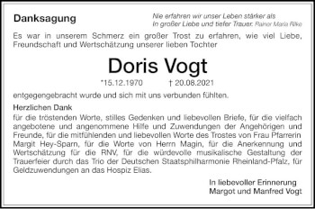 Traueranzeige von Doris Vogt von Mannheimer Morgen