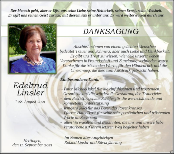 Traueranzeige von Edeltrud Linsler von Fränkische Nachrichten