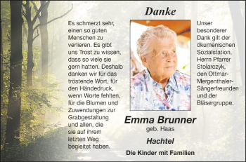 Traueranzeige von Emma Brunner von Fränkische Nachrichten