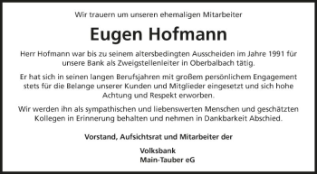 Traueranzeige von Eugen Hofmann von Fränkische Nachrichten