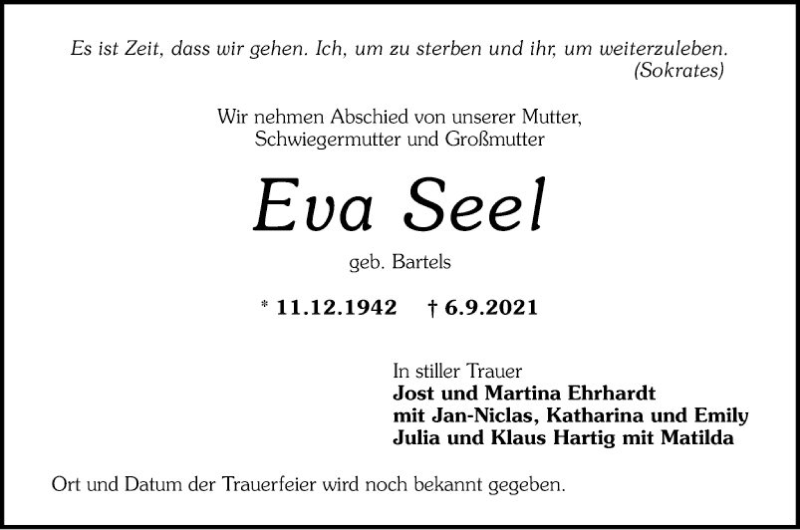  Traueranzeige für Eva Seel vom 11.09.2021 aus Mannheimer Morgen