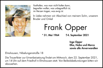 Traueranzeige von Frank Opper von Bergsträßer Anzeiger