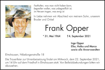 Traueranzeige von Frank Opper von Bergsträßer Anzeiger