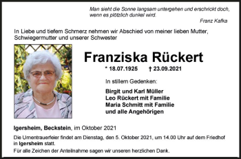 Traueranzeige von Franziska Rückert von Fränkische Nachrichten