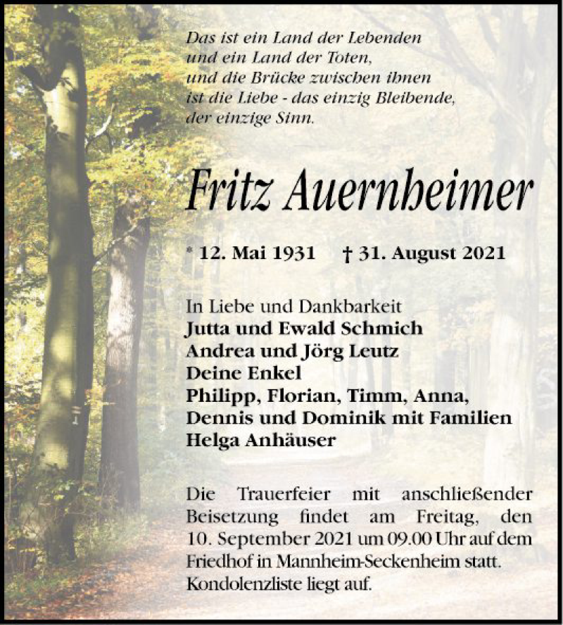  Traueranzeige für Fritz Auernheimer vom 04.09.2021 aus Mannheimer Morgen