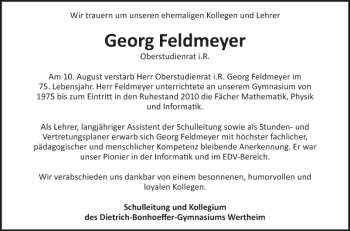 Traueranzeige von Georg Feldmeyer von Fränkische Nachrichten