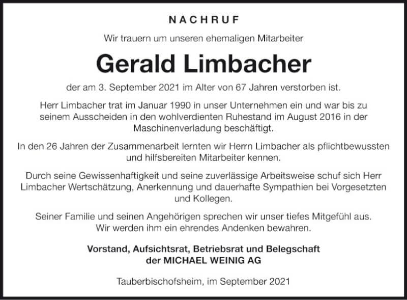  Traueranzeige für Gerald Limbacher vom 17.09.2021 aus Fränkische Nachrichten