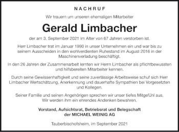 Traueranzeige von Gerald Limbacher von Fränkische Nachrichten