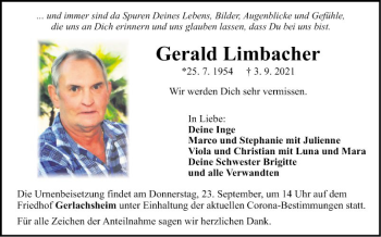 Traueranzeige von Gerald Limbacher von Fränkische Nachrichten