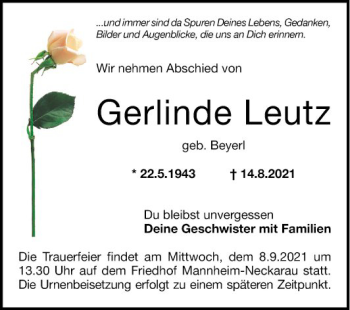 Traueranzeige von Gerlinde Leutz von Mannheimer Morgen