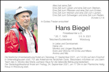 Traueranzeige von Hans Biegel von Fränkische Nachrichten