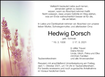 Traueranzeige von Hedwig Dorsch von Fränkische Nachrichten