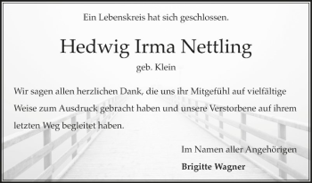 Traueranzeige von Hedwig Irma Nettling von Fränkische Nachrichten