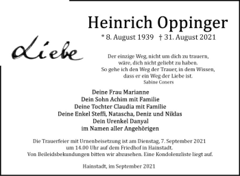 Traueranzeige von Heinrich Oppinger von Fränkische Nachrichten