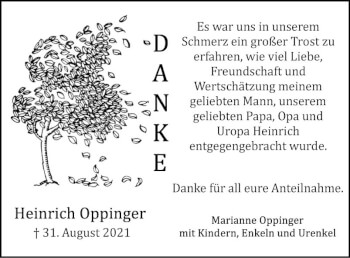 Traueranzeige von Heinrich Oppinger von Fränkische Nachrichten