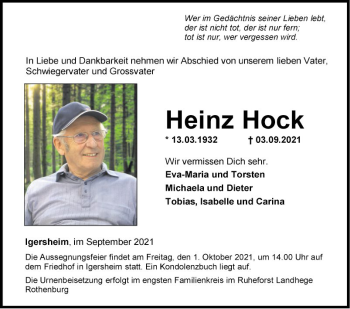 Traueranzeige von Heinz Hock von Fränkische Nachrichten