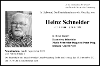 Traueranzeige von Heinz Schneider von Fränkische Nachrichten